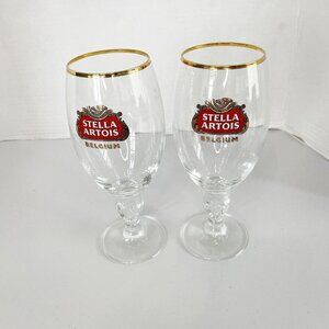 Stella Artois Belgium Beer Glasses Chalice 33CL Set of 2 Gold‎ Rim